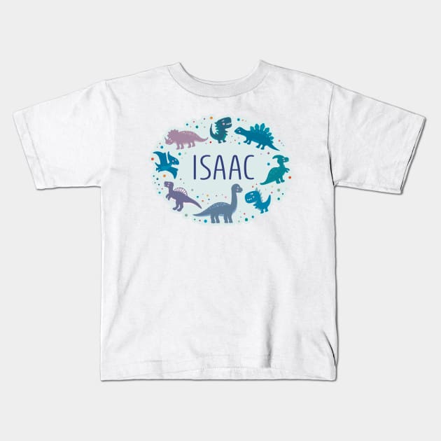 Isaac name surrounded by dinosaurs Kids T-Shirt by WildMeART